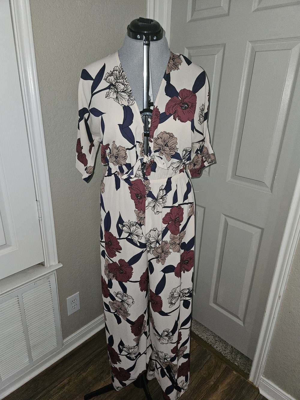 Cream Floral Tie-Waist Jumpsuit with Burgundy Accents